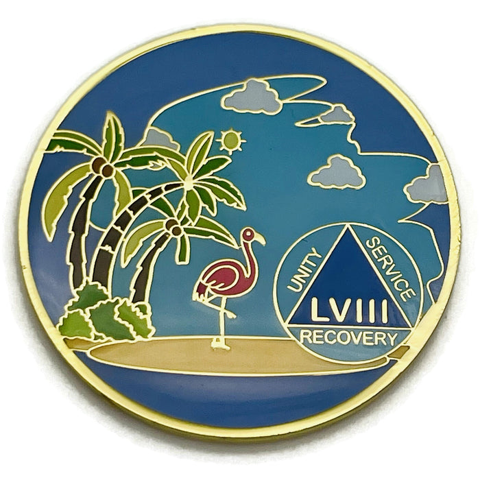 58 Year Beach Themed Specialty Tri-Plated AA Recovery Medallion - Fifty Eight Year Chip/Coin