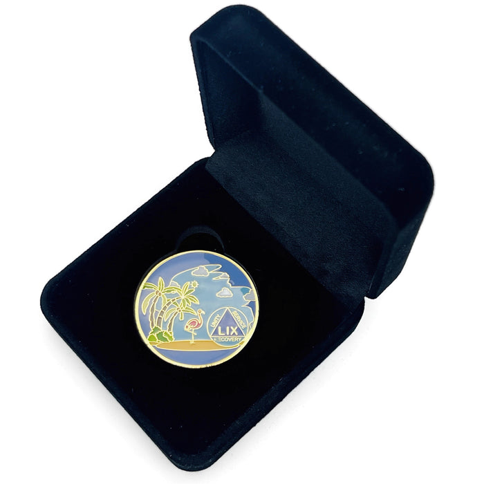 59 Year Beach Themed Specialty Tri-Plated AA Recovery Medallion - Fifty Nine Year Chip/Coin + Velvet Case