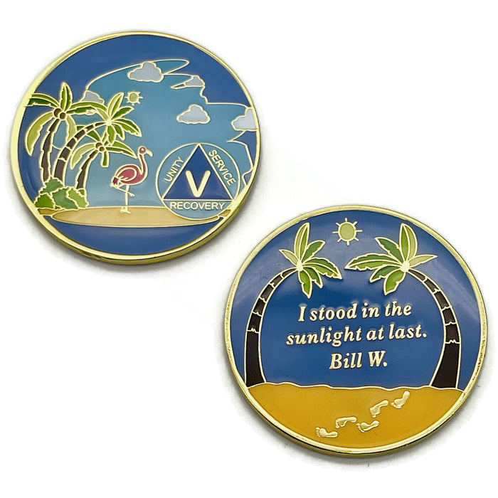 5 Year Beach Themed Specialty Tri-Plated AA Recovery Medallion - Five Year Chip/Coin + Velvet Case