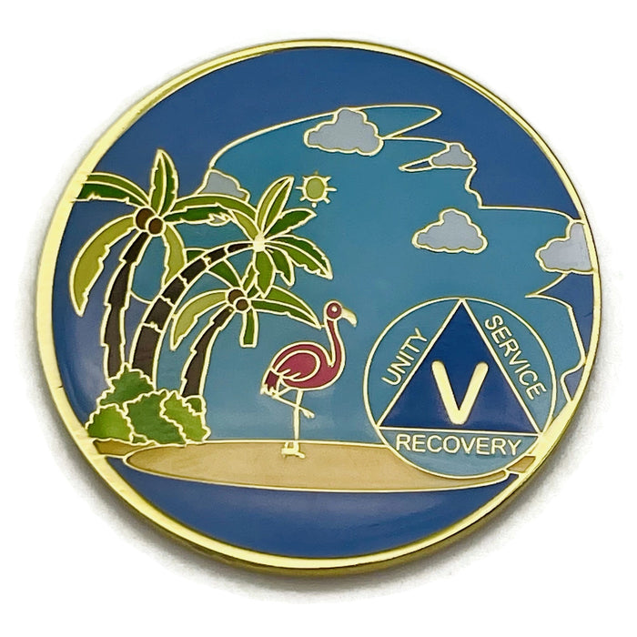 5 Year Beach Themed Specialty Tri-Plated AA Recovery Medallion - Five Year Chip/Coin + Velvet Case
