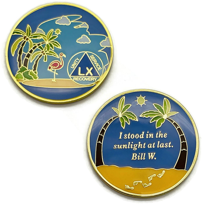 60 Year Beach Themed Specialty Tri-Plated AA Recovery Medallion - Sixty Year Chip/Coin