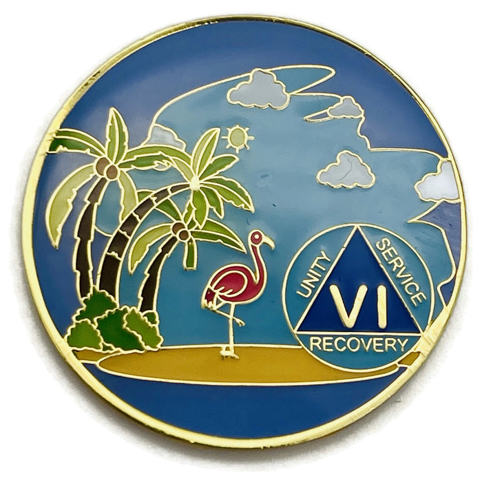 6 Year Beach Themed Specialty Tri-Plated AA Recovery Medallion - Six Year Chip/Coin + Velvet Case