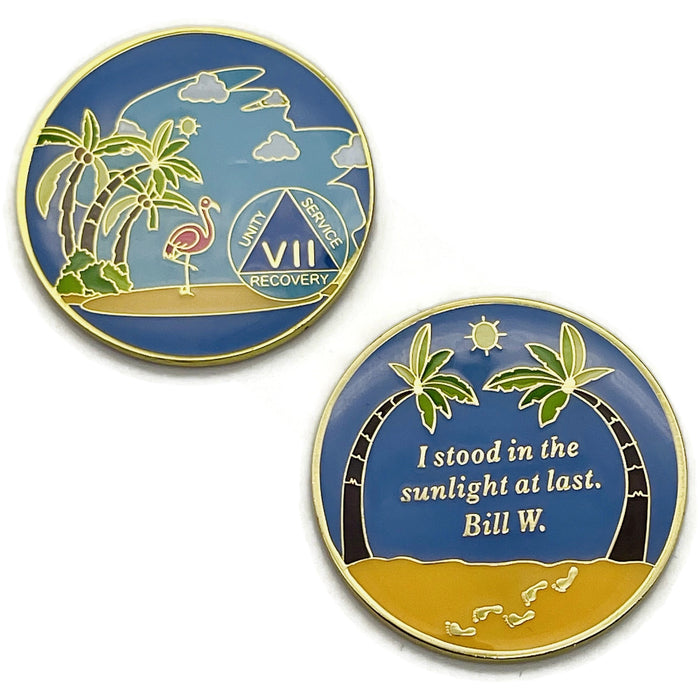 7 Year Beach Themed Specialty Tri-Plated AA Recovery Medallion - Seven Year Chip/Coin