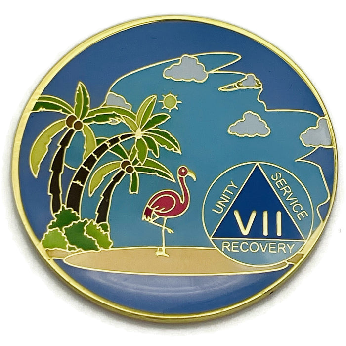 7 Year Beach Themed Specialty Tri-Plated AA Recovery Medallion - Seven Year Chip/Coin + Velvet Case
