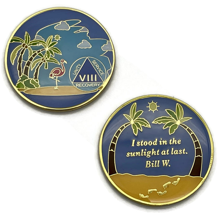 8 Year Beach Themed Specialty Tri-Plated AA Recovery Medallion - Eight Year Chip/Coin