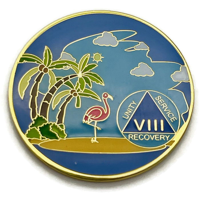8 Year Beach Themed Specialty Tri-Plated AA Recovery Medallion - Eight Year Chip/Coin