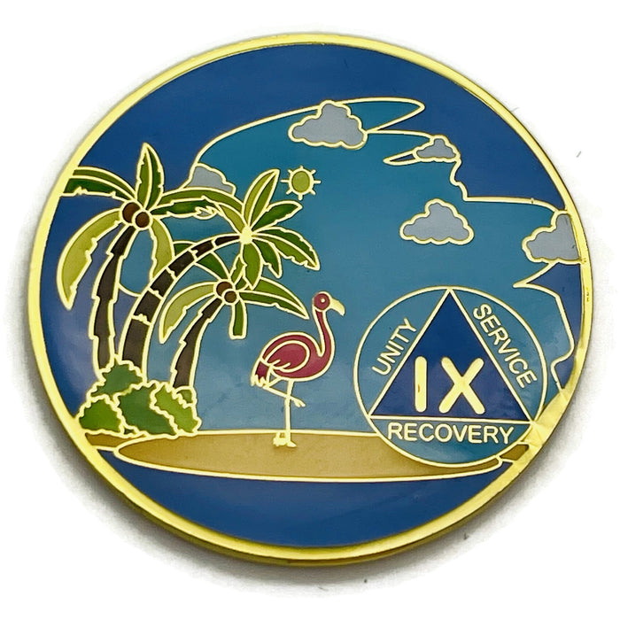 9 Year Beach Themed Specialty Tri-Plated AA Recovery Medallion - Nine Year Chip/Coin