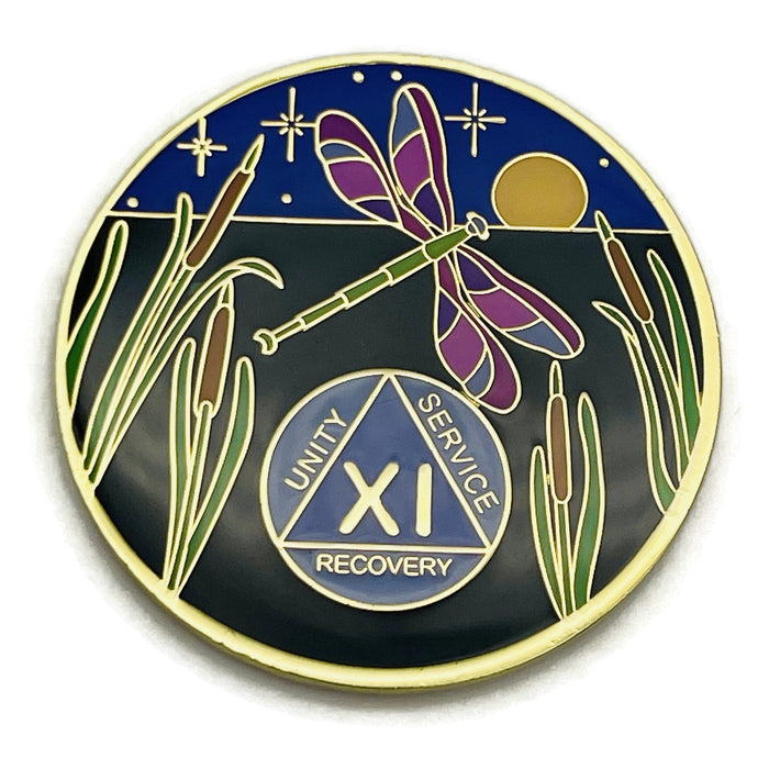 Dragonfly 9th Step 11 Year Specialty AA Recovery Medallion - Tri-Plated Eleven Year Chip/Coin