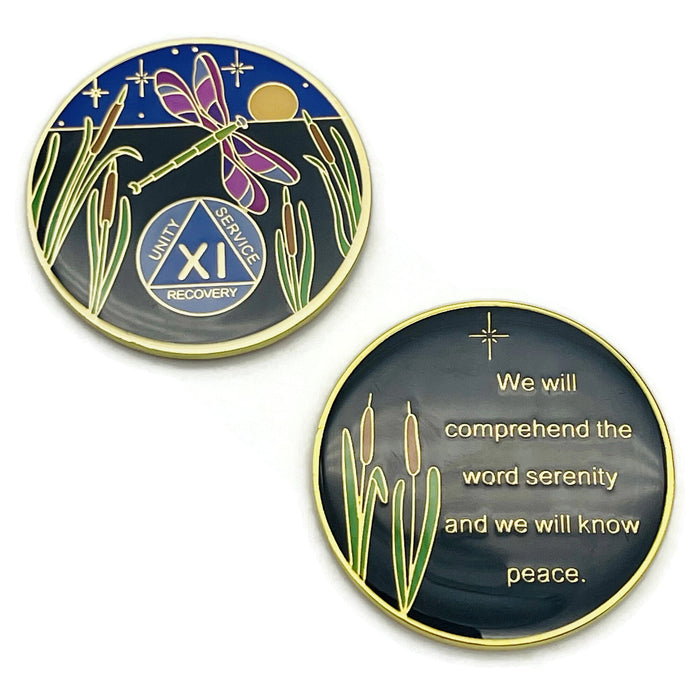Dragonfly 9th Step 11 Year Specialty AA Recovery Medallion - Tri-Plated Eleven Year Chip/Coin