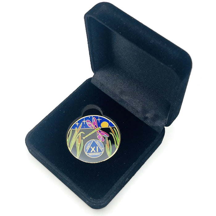 Dragonfly 9th Step 11 Year Specialty AA Recovery Medallion - Tri-Plated Eleven Year Chip/Coin + Velvet Case