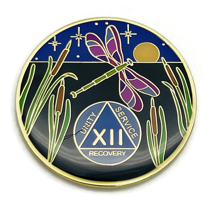 Dragonfly 9th Step 12 Year Specialty AA Recovery Medallion - Tri-Plated Twelve Year Chip/Coin + Velvet Case