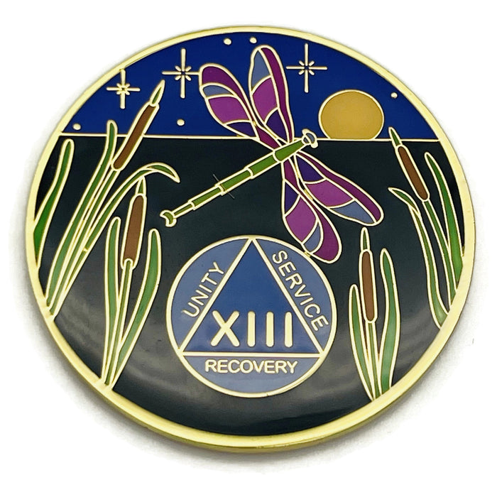 Dragonfly 9th Step 13 Year Specialty AA Recovery Medallion - Tri-Plated Thirteen Year Chip/Coin + Velvet Case
