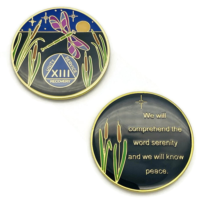Dragonfly 9th Step 13 Year Specialty AA Recovery Medallion - Tri-Plated Thirteen Year Chip/Coin + Velvet Case