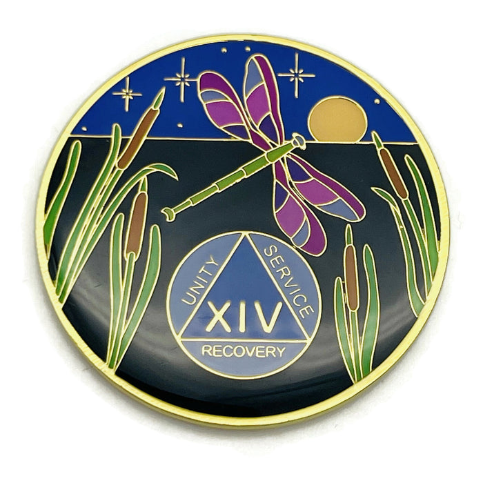 Dragonfly 9th Step 14 Year Specialty AA Recovery Medallion - Tri-Plated Fourteen Year Chip/Coin