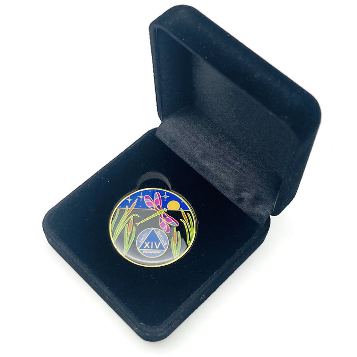 Dragonfly 9th Step 14 Year Specialty AA Recovery Medallion - Tri-Plated Fourteen Year Chip/Coin + Velvet Case