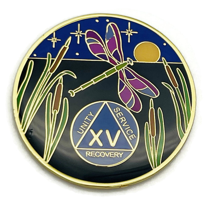 Dragonfly 9th Step 15 Year Specialty AA Recovery Medallion - Tri-Plated Fifteen Year Chip/Coin + Velvet Case