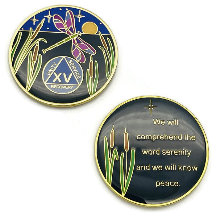 Dragonfly 9th Step 15 Year Specialty AA Recovery Medallion - Tri-Plated Fifteen Year Chip/Coin + Velvet Case