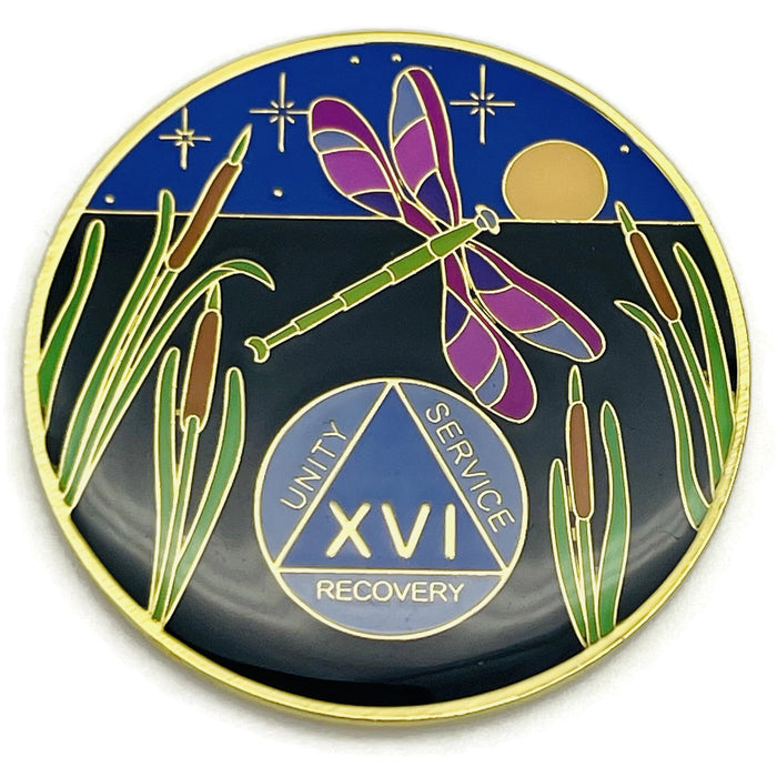 Dragonfly 9th Step 16 Year Specialty AA Recovery Medallion - Tri-Plated Sixteen Year Chip/Coin