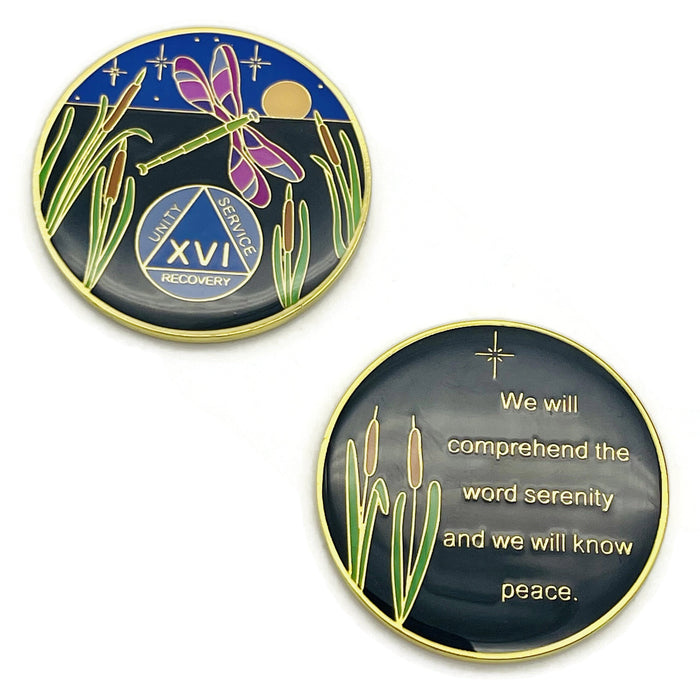 Dragonfly 9th Step 16 Year Specialty AA Recovery Medallion - Tri-Plated Sixteen Year Chip/Coin