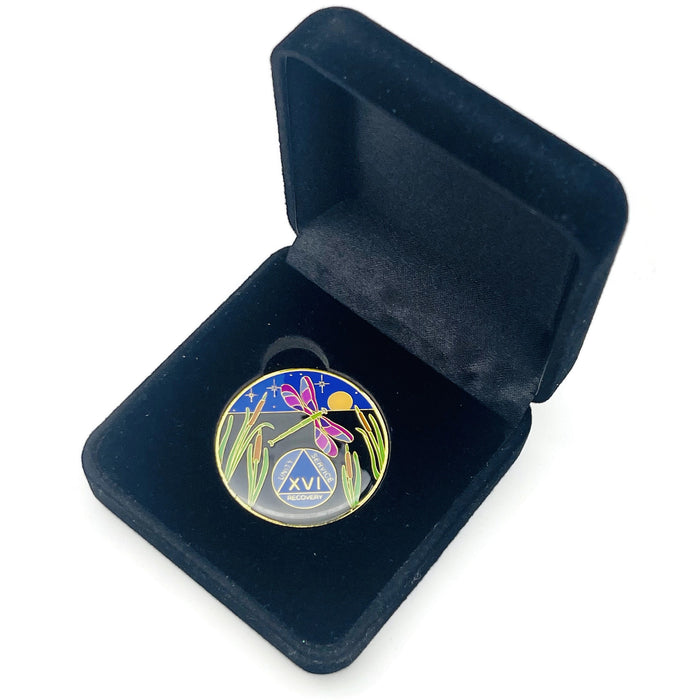 Dragonfly 9th Step 16 Year Specialty AA Recovery Medallion - Tri-Plated Sixteen Year Chip/Coin + Velvet Case