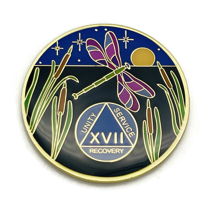 Dragonfly 9th Step 17 Year Specialty AA Recovery Medallion - Tri-Plated Seventeen Year Chip/Coin
