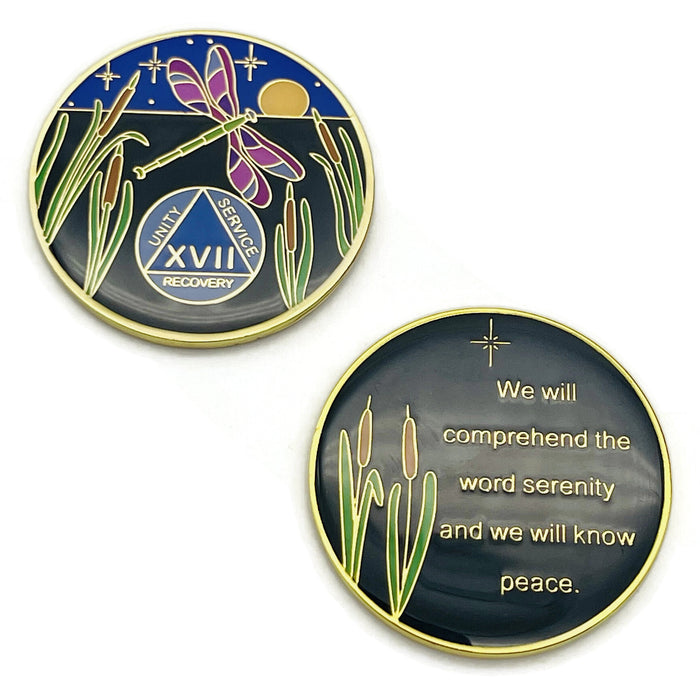 Dragonfly 9th Step 17 Year Specialty AA Recovery Medallion - Tri-Plated Seventeen Year Chip/Coin