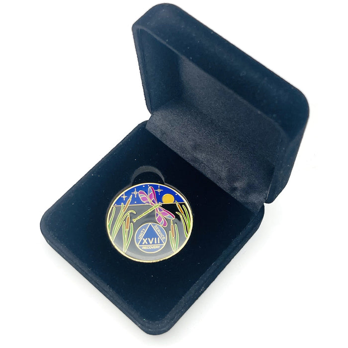 Dragonfly 9th Step 17 Year Specialty AA Recovery Medallion - Tri-Plated Seventeen Year Chip/Coin + Velvet Case