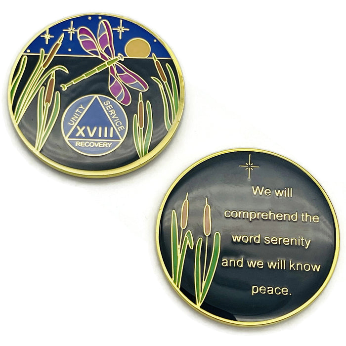 Dragonfly 9th Step 18 Year Specialty AA Recovery Medallion - Tri-Plated Eighteen Year Chip/Coin + Velvet Case