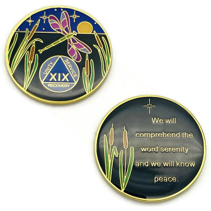Dragonfly 9th Step 19 Year Specialty AA Recovery Medallion - Tri-Plated Nineteen Year Chip/Coin