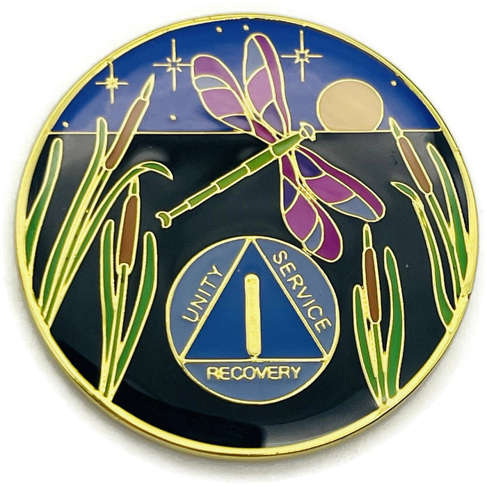 Dragonfly 9th Step 1 Year Specialty AA Recovery Medallion - Tri-Plated One Year Chip/Coin + Velvet Case