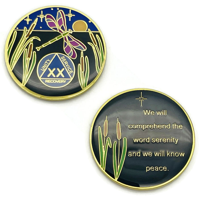 Dragonfly 9th Step 20 Year Specialty AA Recovery Medallion - Tri-Plated Twenty Year Chip/Coin + Velvet Case