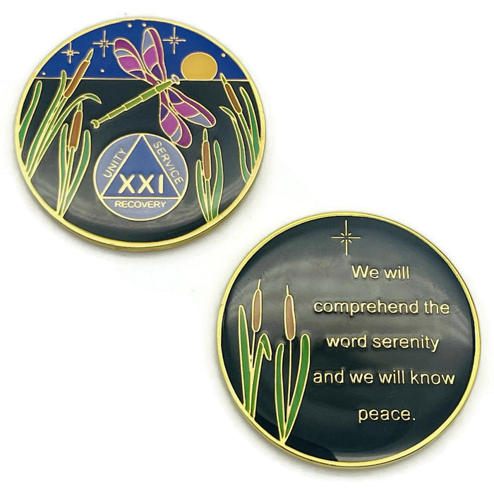 Dragonfly 9th Step 21 Year Specialty AA Recovery Medallion - Tri-Plated Twenty-One Year Chip/Coin + Velvet Case