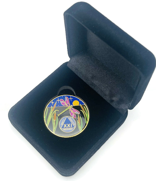 Dragonfly 9th Step 21 Year Specialty AA Recovery Medallion - Tri-Plated Twenty-One Year Chip/Coin + Velvet Case