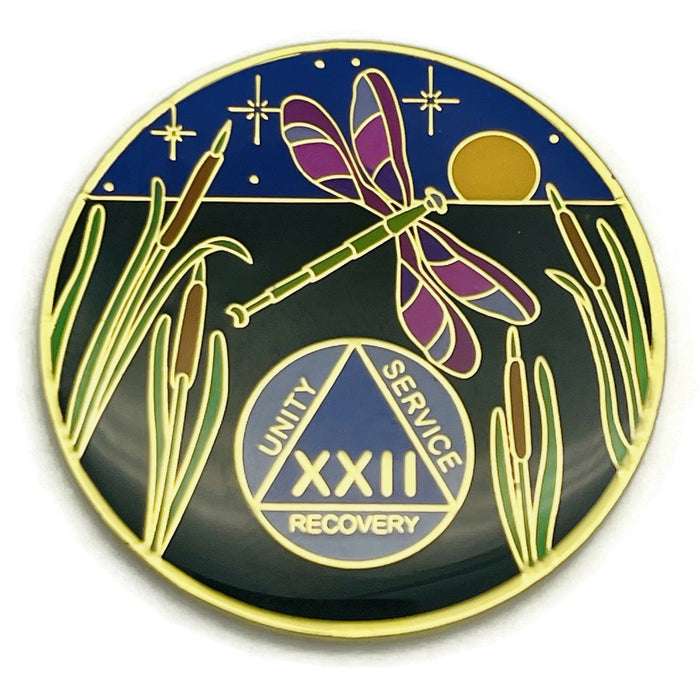 Dragonfly 9th Step 22 Year Specialty AA Recovery Medallion - Tri-Plated Twenty-Two Year Chip/Coin + Velvet Case