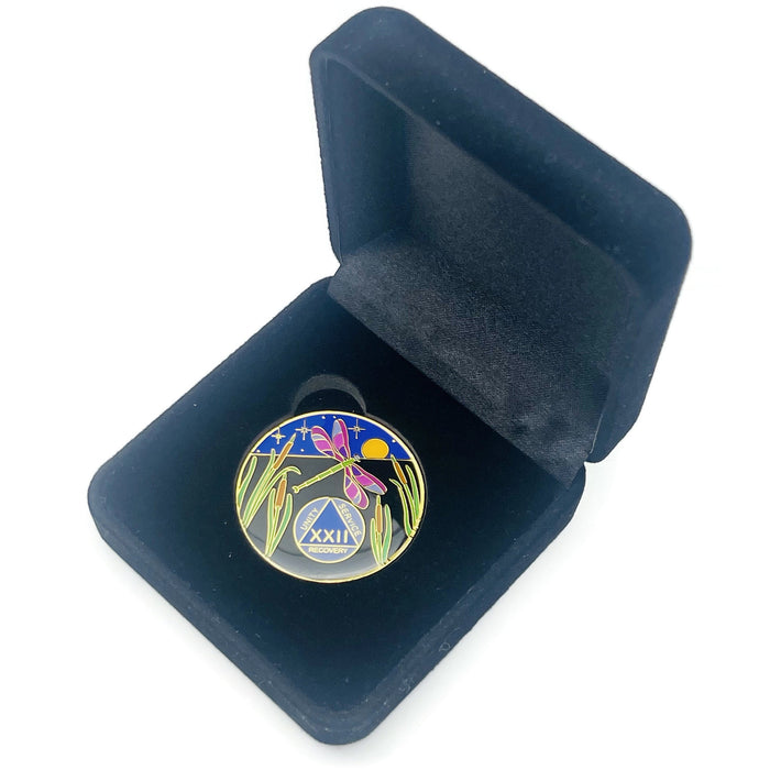 Dragonfly 9th Step 22 Year Specialty AA Recovery Medallion - Tri-Plated Twenty-Two Year Chip/Coin + Velvet Case
