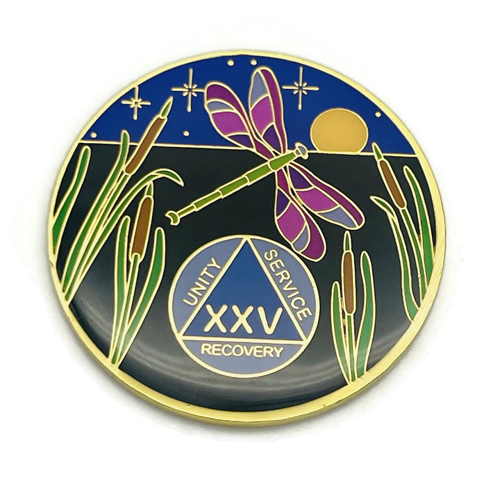 Dragonfly 9th Step 25 Year Specialty AA Recovery Medallion - Tri-Plated Twenty-Five Year Chip/Coin + Velvet Case