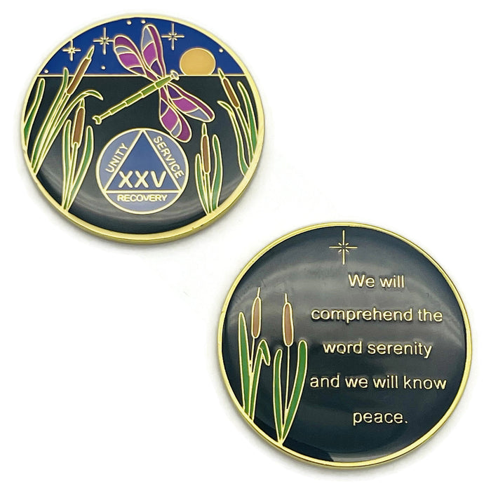 Dragonfly 9th Step 25 Year Specialty AA Recovery Medallion - Tri-Plated Twenty-Five Year Chip/Coin + Velvet Case