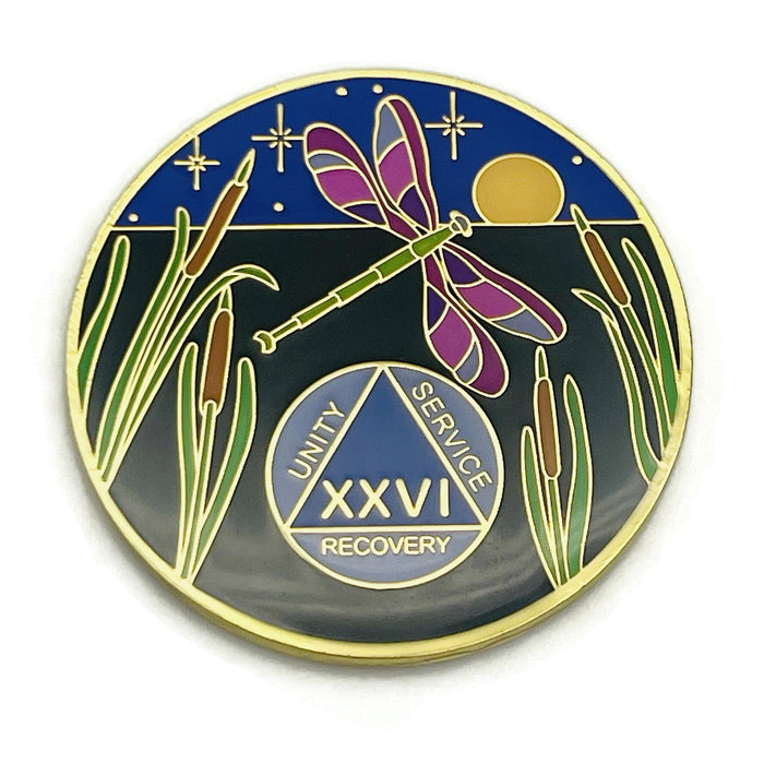 Dragonfly 9th Step 26 Year Specialty AA Recovery Medallion - Tri-Plated Twenty-Six Year Chip/Coin + Velvet Case