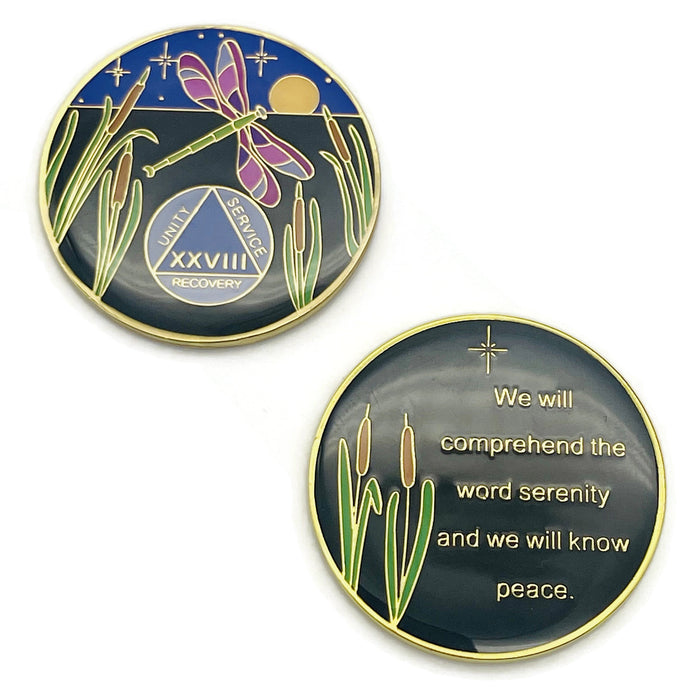 Dragonfly 9th Step 28 Year Specialty AA Recovery Medallion - Tri-Plated Twenty-Eight Year Chip/Coin + Velvet Case