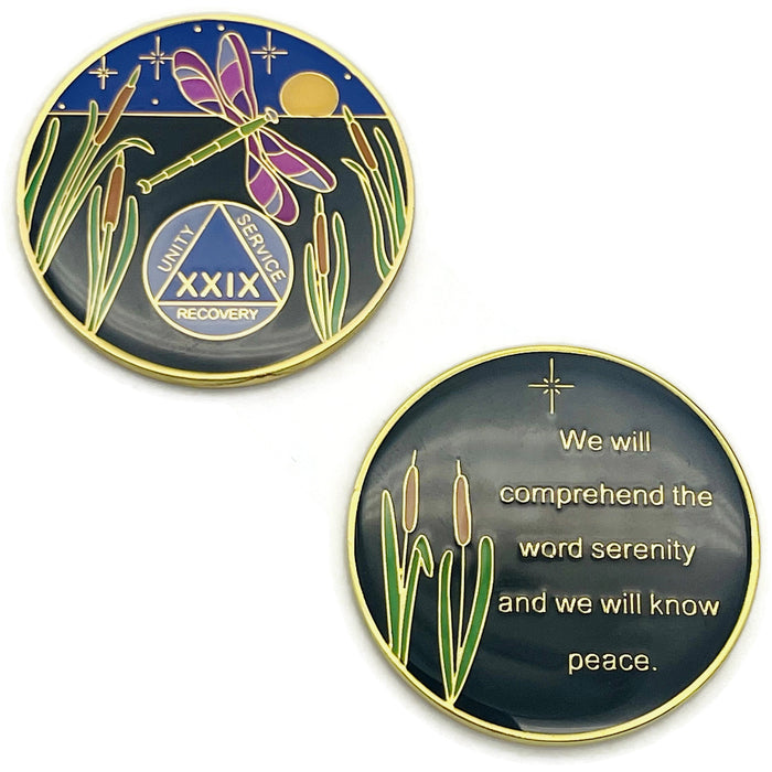 Dragonfly 9th Step 29 Year Specialty AA Recovery Medallion - Tri-Plated Twenty-Nine Year Chip/Coin + Velvet Case
