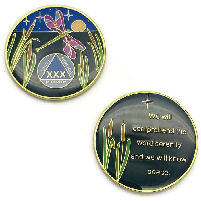 Dragonfly 9th Step 30 Year Specialty AA Recovery Medallion - Tri-Plated Thirty Year Chip/Coin + Velvet Case