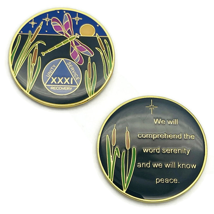 Dragonfly 9th Step 31 Year Specialty AA Recovery Medallion - Tri-Plated Thirty-One Year Chip/Coin + Velvet Case