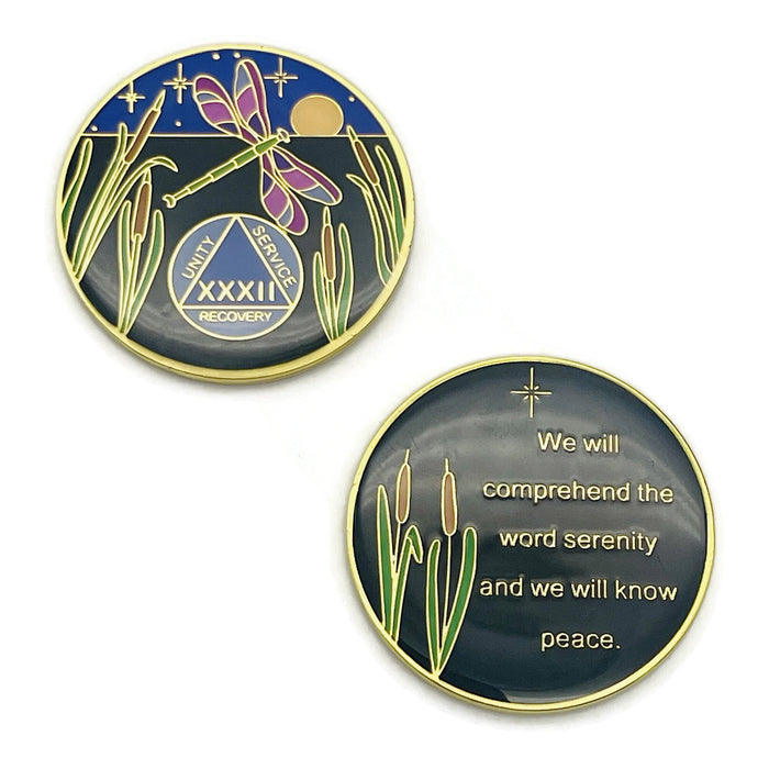 Dragonfly 9th Step 32 Year Specialty AA Recovery Medallion - Tri-Plated Thirty-Two Year Chip/Coin + Velvet Case