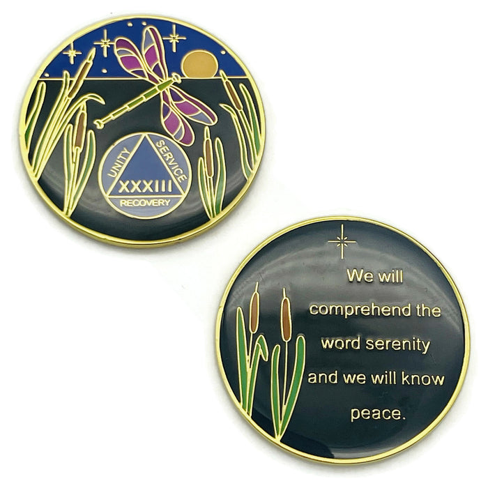 Dragonfly 9th Step 33 Year Specialty AA Recovery Medallion - Tri-Plated Thirty-Three Year Chip/Coin + Velvet Case