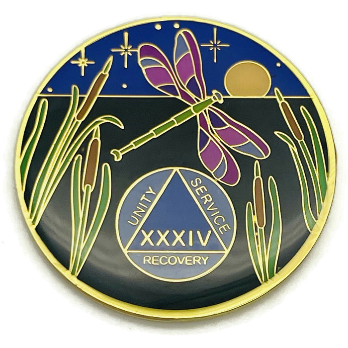 Dragonfly 9th Step 34 Year Specialty AA Recovery Medallion - Tri-Plated Thirty-Four Year Chip/Coin