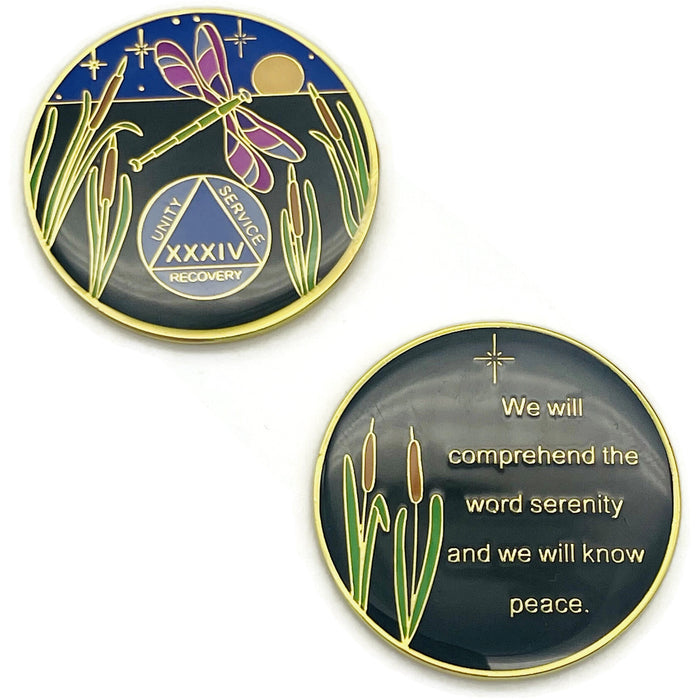 Dragonfly 9th Step 34 Year Specialty AA Recovery Medallion - Tri-Plated Thirty-Four Year Chip/Coin + Velvet Case