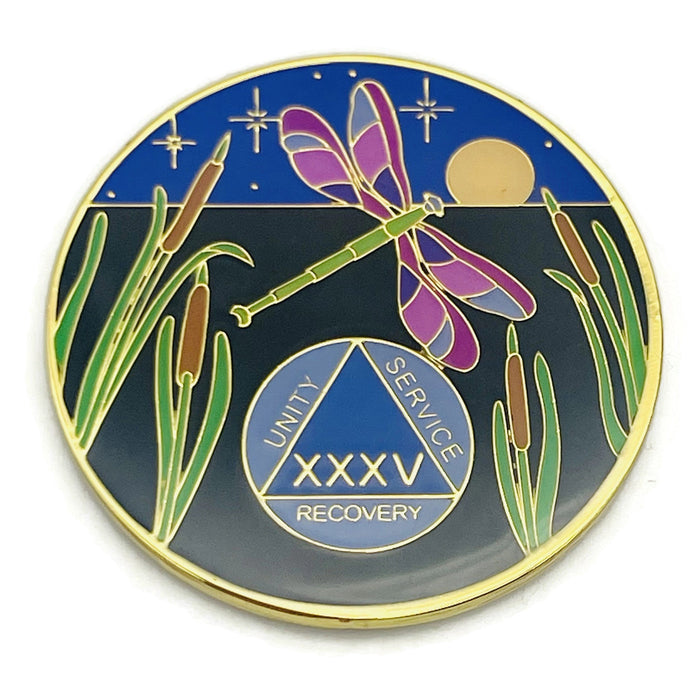 Dragonfly 9th Step 35 Year Specialty AA Recovery Medallion - Tri-Plated Thirty-Five Year Chip/Coin + Velvet Case