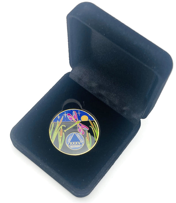 Dragonfly 9th Step 35 Year Specialty AA Recovery Medallion - Tri-Plated Thirty-Five Year Chip/Coin + Velvet Case