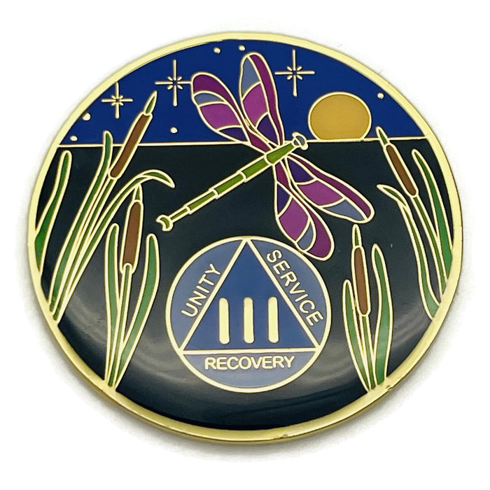 Dragonfly 9th Step 3 Year Specialty AA Recovery Medallion - Tri-Plated Three Year Chip/Coin + Velvet Case