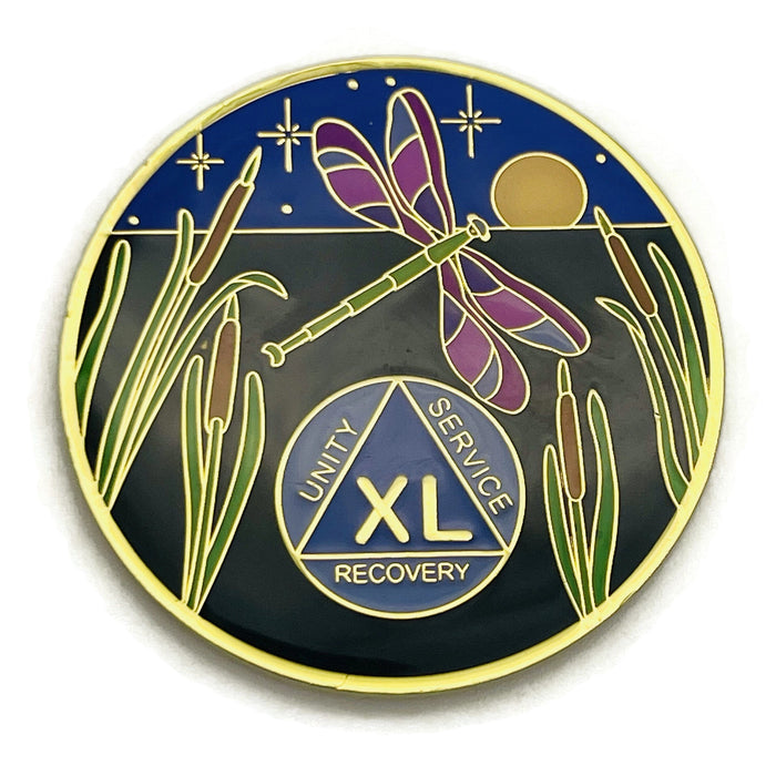 Dragonfly 9th Step 40 Year Specialty AA Recovery Medallion - Tri-Plated Forty Year Chip/Coin + Velvet Case